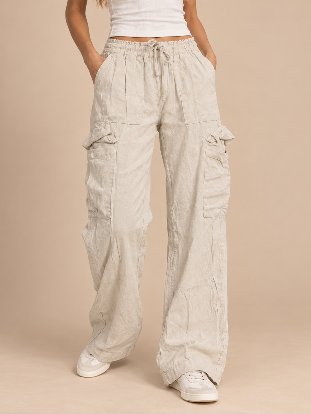 Time And Tru Beige Linen Blend Cargo Pants XS 0-2 Drawstring Utility